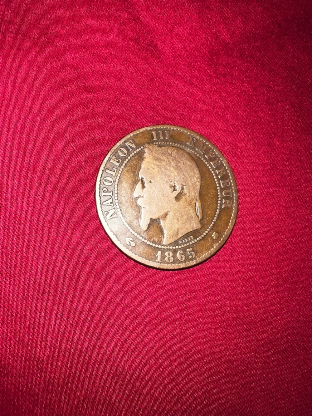 Napoleon III 1865 Bronze Coin - Antique Copper Tone
